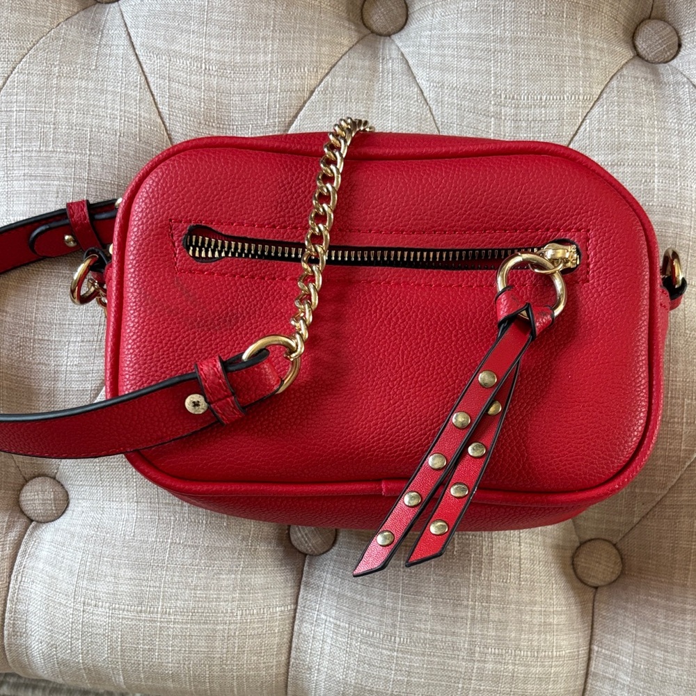 Red Leather Crossbody Bag with Gold Chain Accent